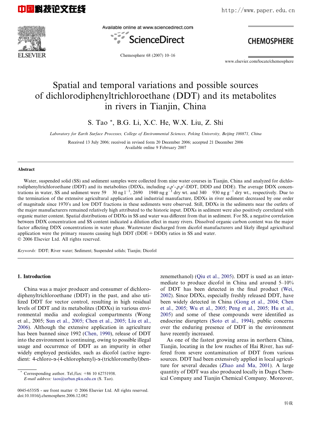 DDT) and Its Metabolites in Rivers in Tianjin, China