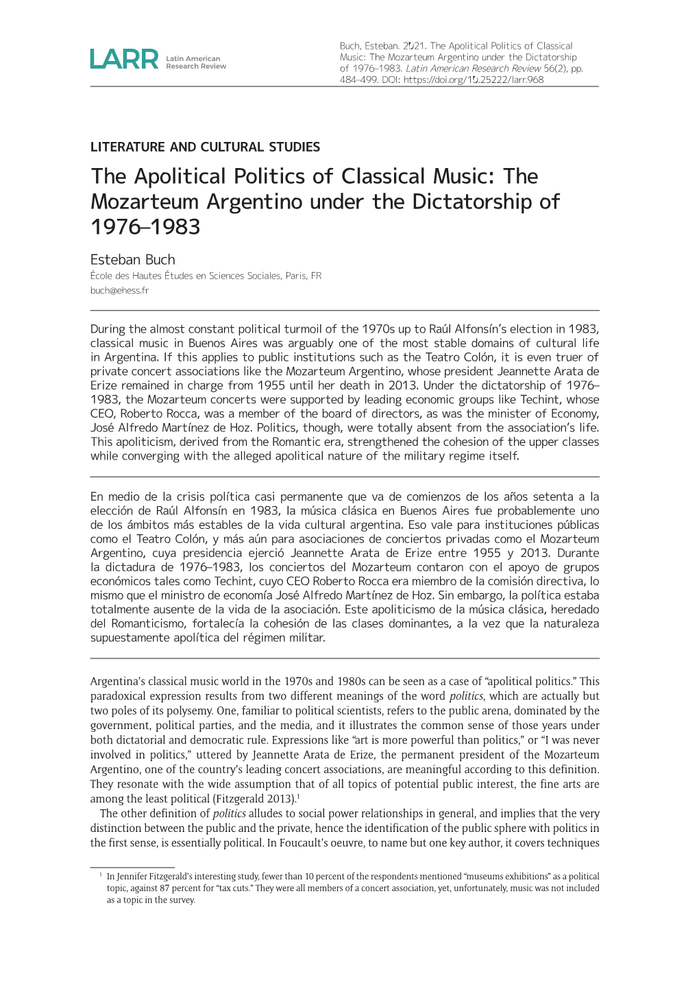 The Apolitical Politics of Classical Music: the Mozarteum Argentino Under the Dictatorship of 1976–1983