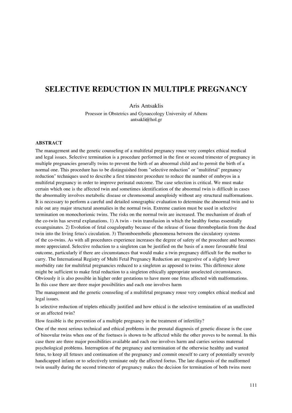 Selective Reduction in Multiple Pregnancy