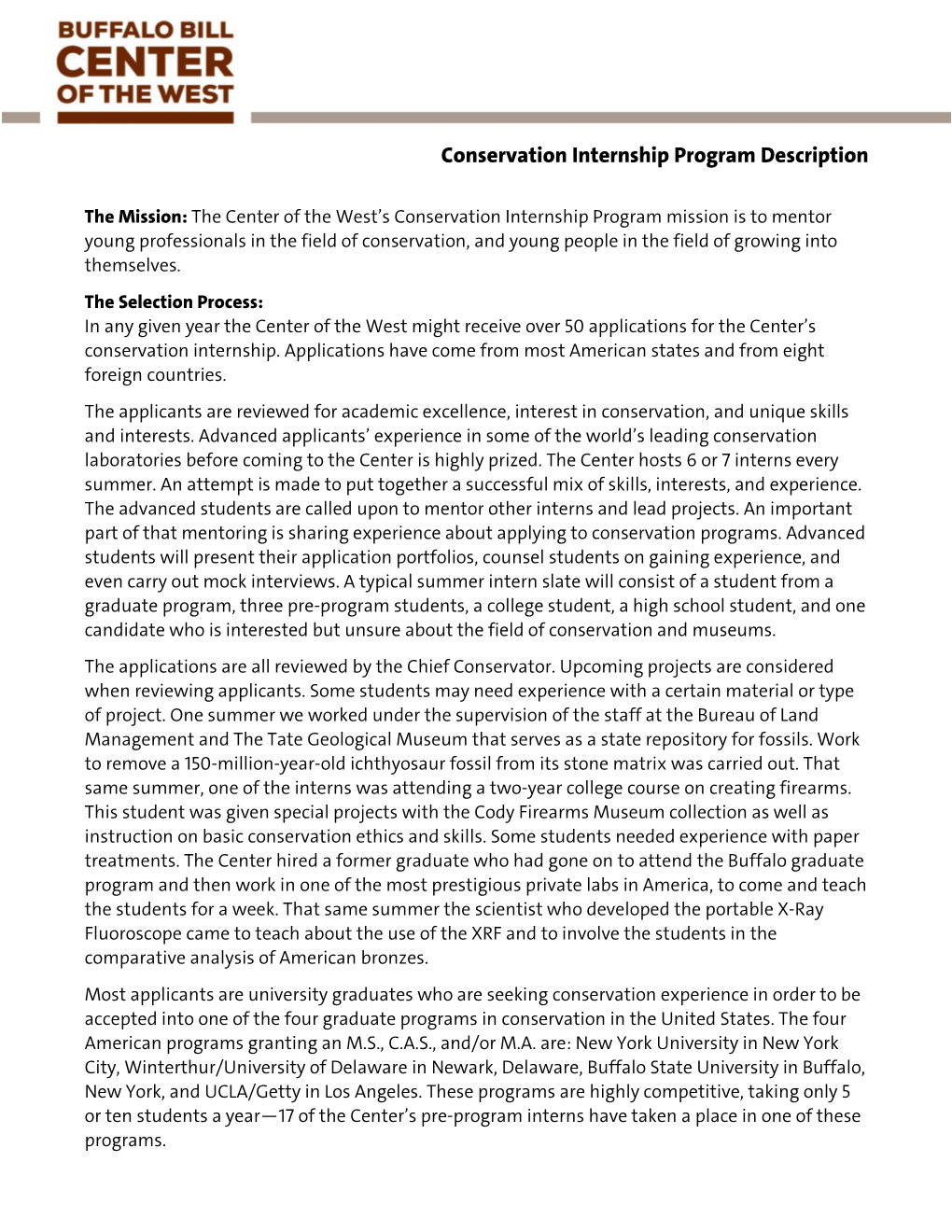 Conservation Internship Program Description