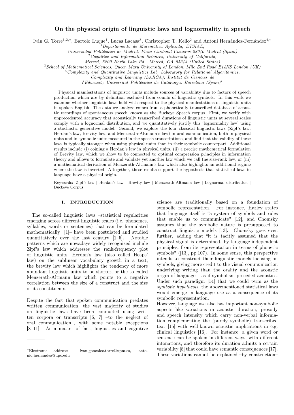 On the Physical Origin of Linguistic Laws and Lognormality in Speech