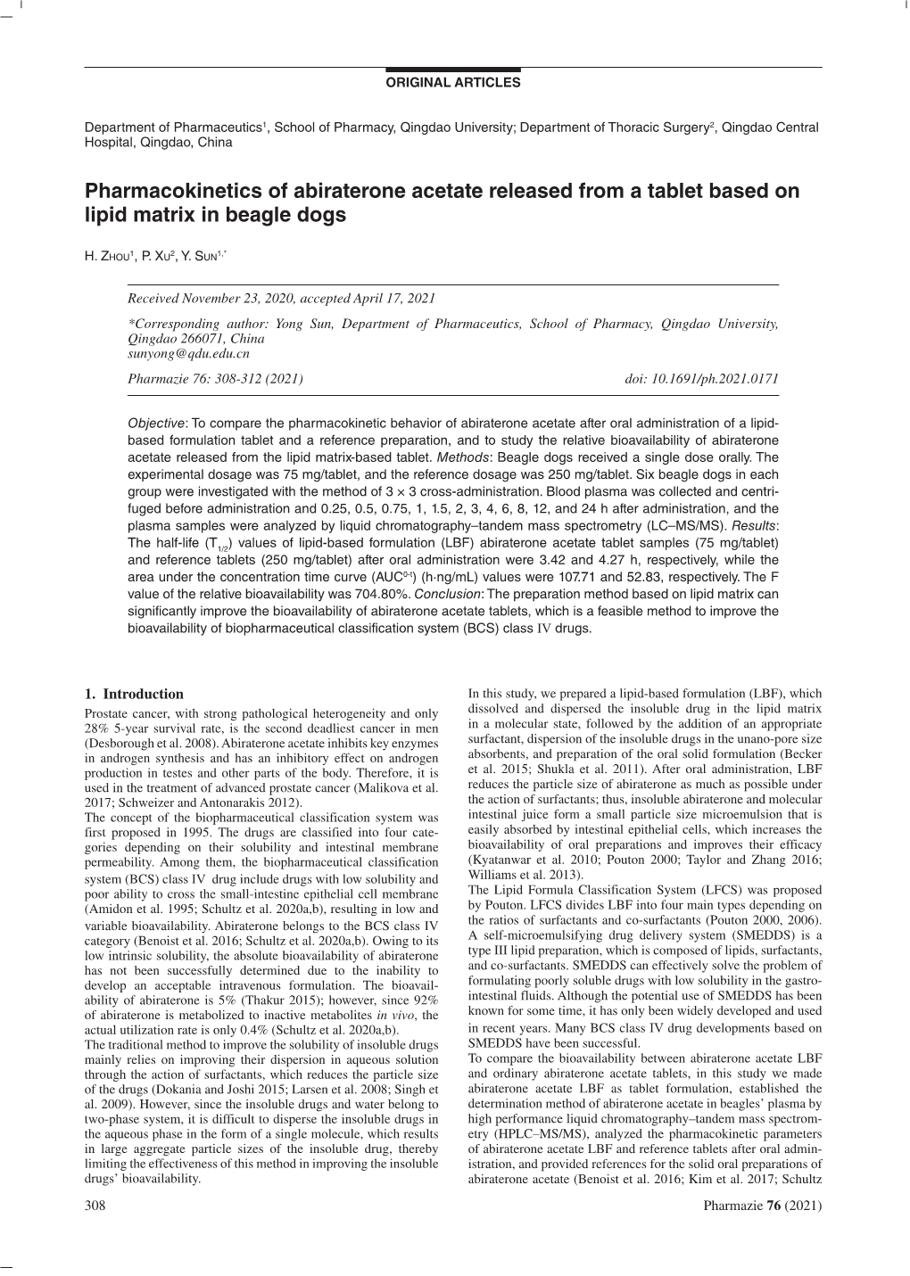 Pharmacokinetics of Abiraterone Acetate Released from a Tablet Based on Lipid Matrix in Beagle Dogs