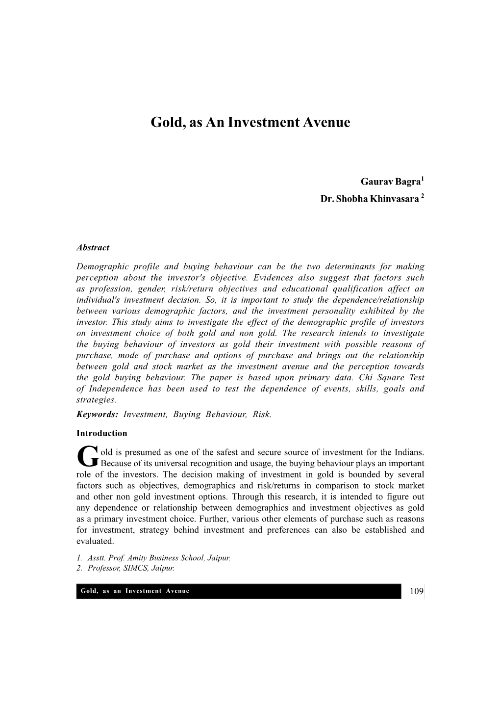 Gold, As an Investment Avenue