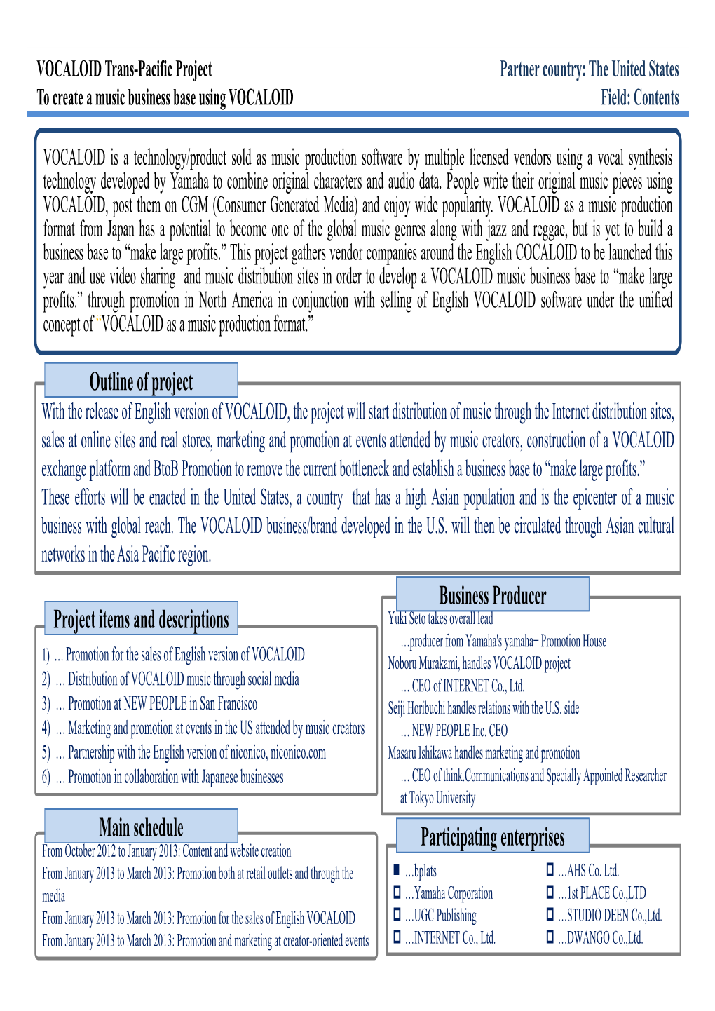 Project Items and Descriptions Business Producer Outline of Project Main Schedule Participating Enterprises