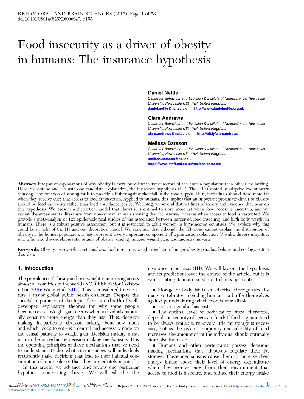 Food Insecurity As a Driver of Obesity in Humans: the Insurance Hypothesis