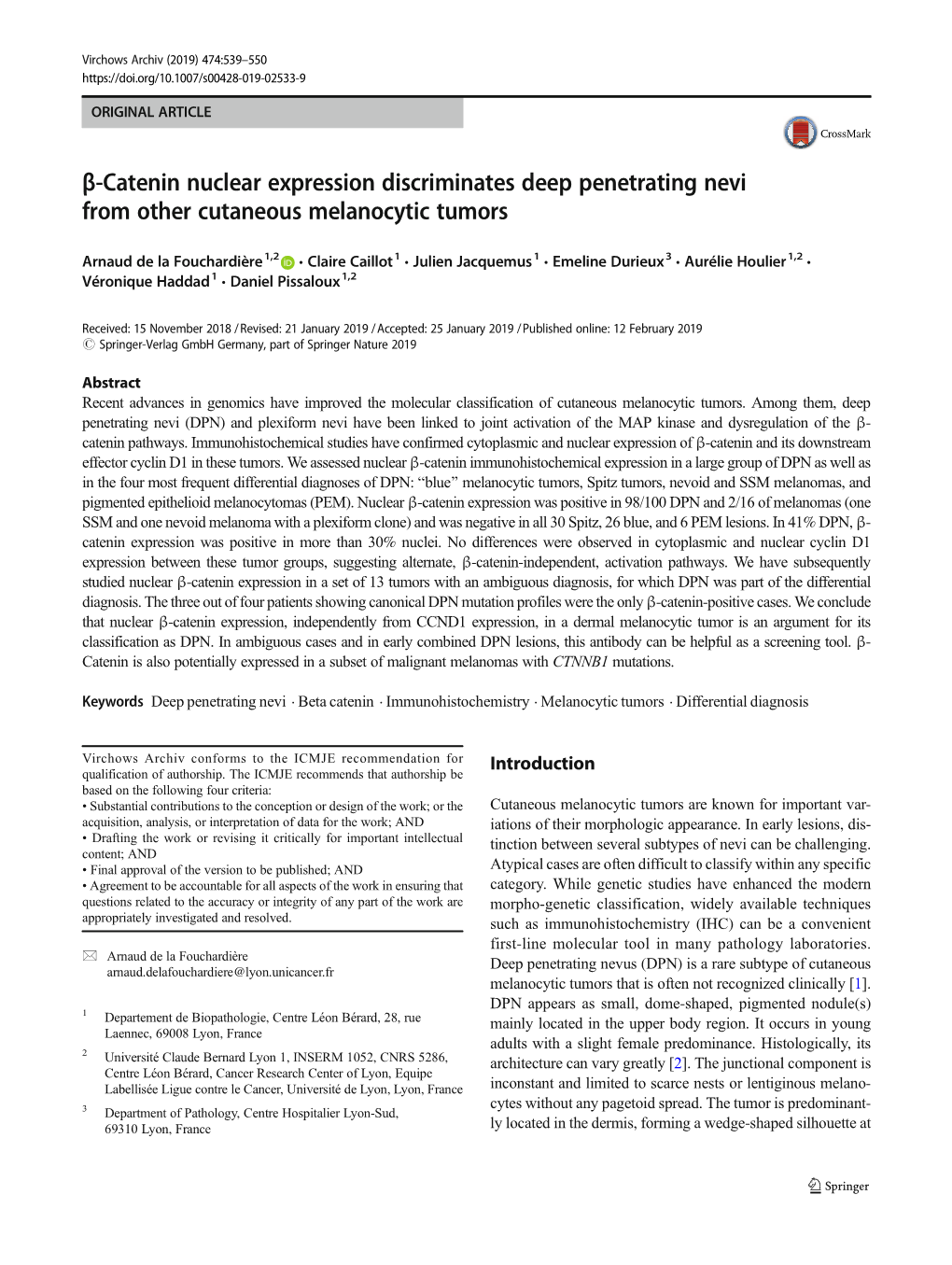 Β-Catenin Nuclear Expression Discriminates Deep Penetrating Nevi from Other Cutaneous Melanocytic Tumors