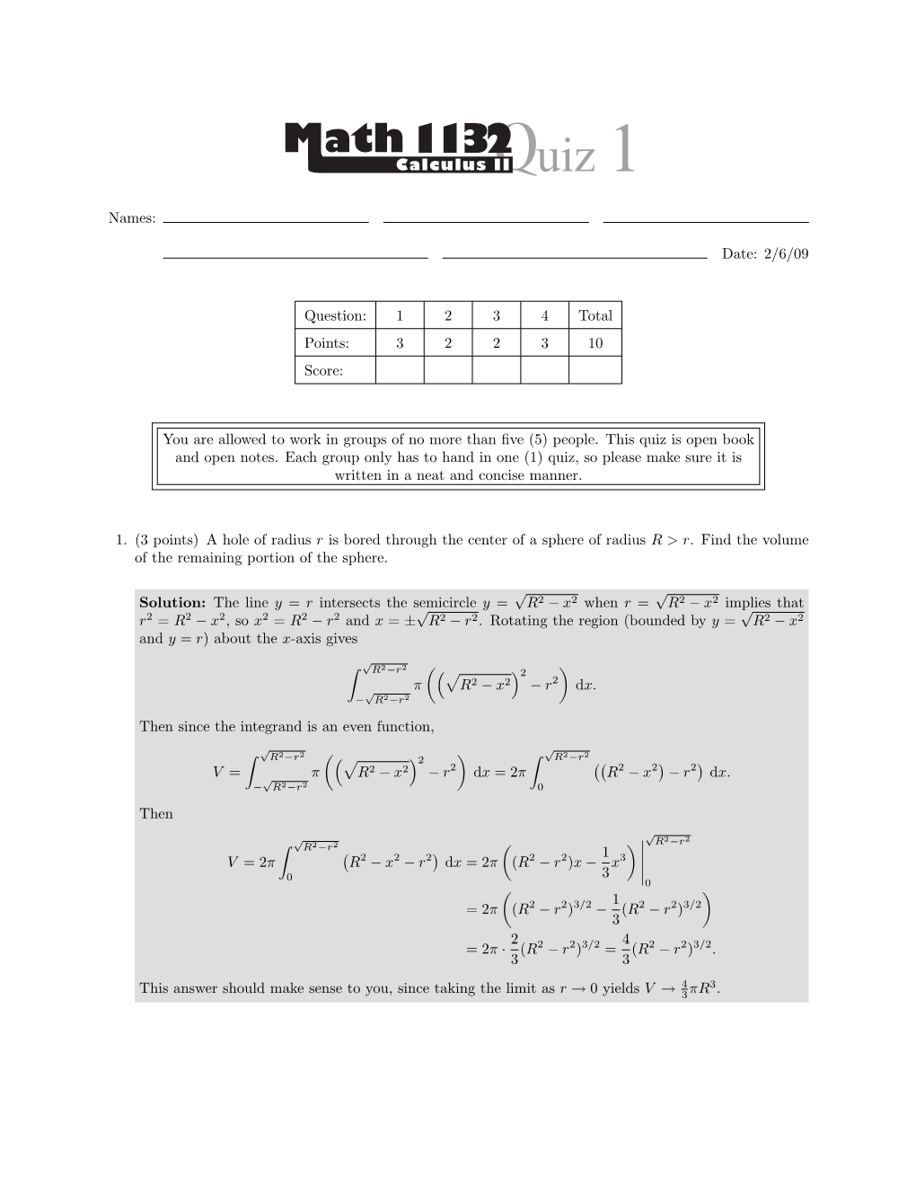 Calculus II Uiz 1