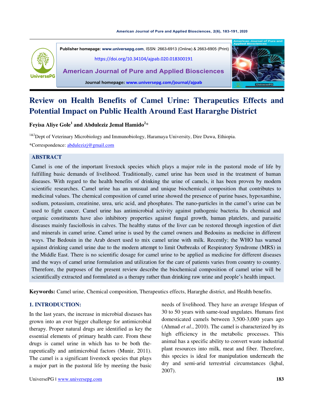 Review on Health Benefits of Camel Urine: Therapeutics Effects and Potential Impact on Public Health Around East Hararghe District