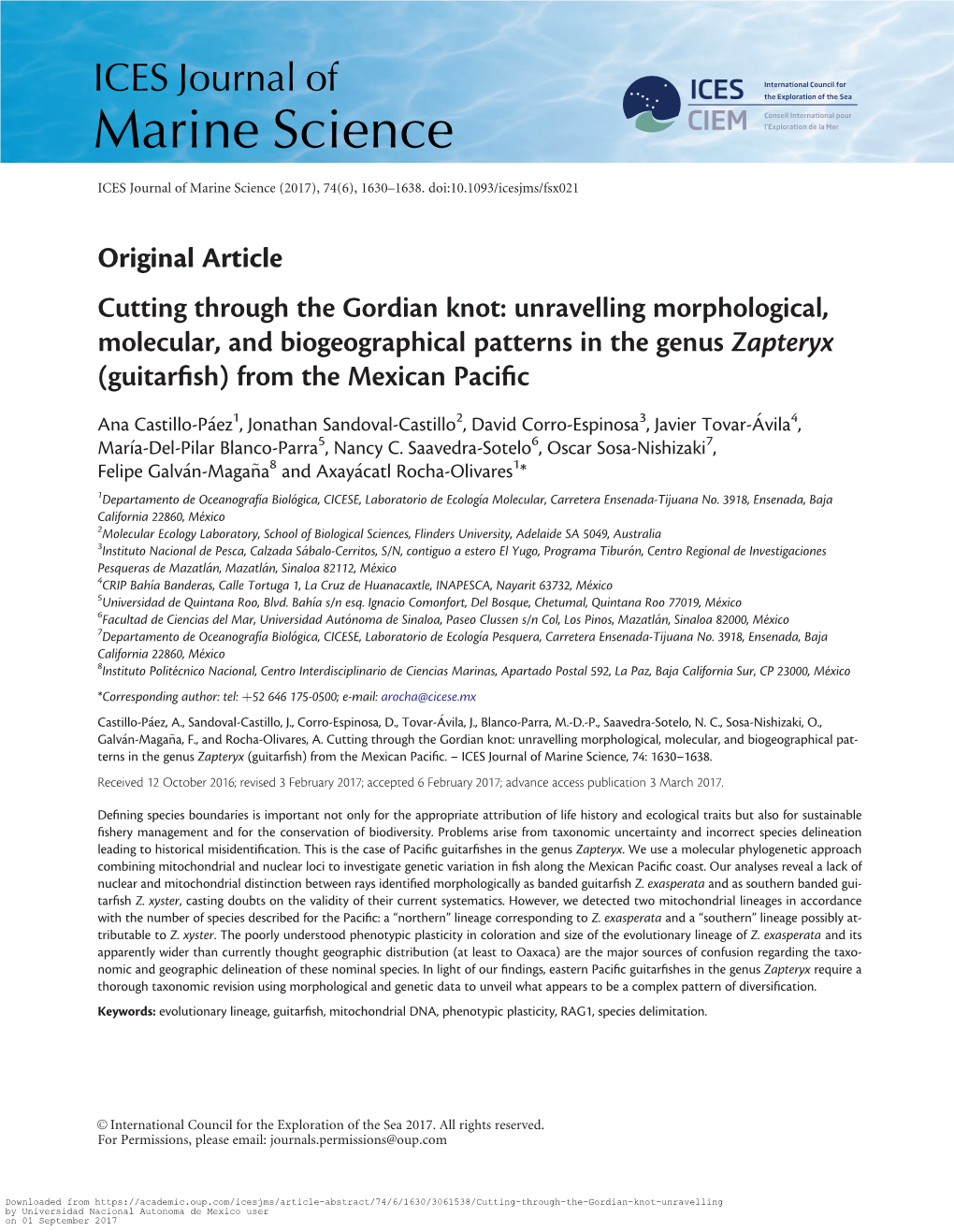 Unravelling Morphological, Molecular, and Biogeographical Patterns in the Genus Zapteryx (Guitarﬁsh) from the Mexican Paciﬁc