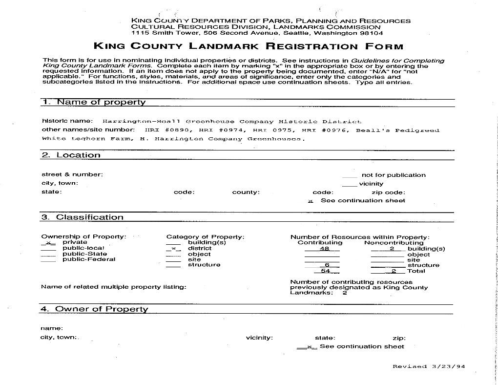 King County Landmark Registration Form