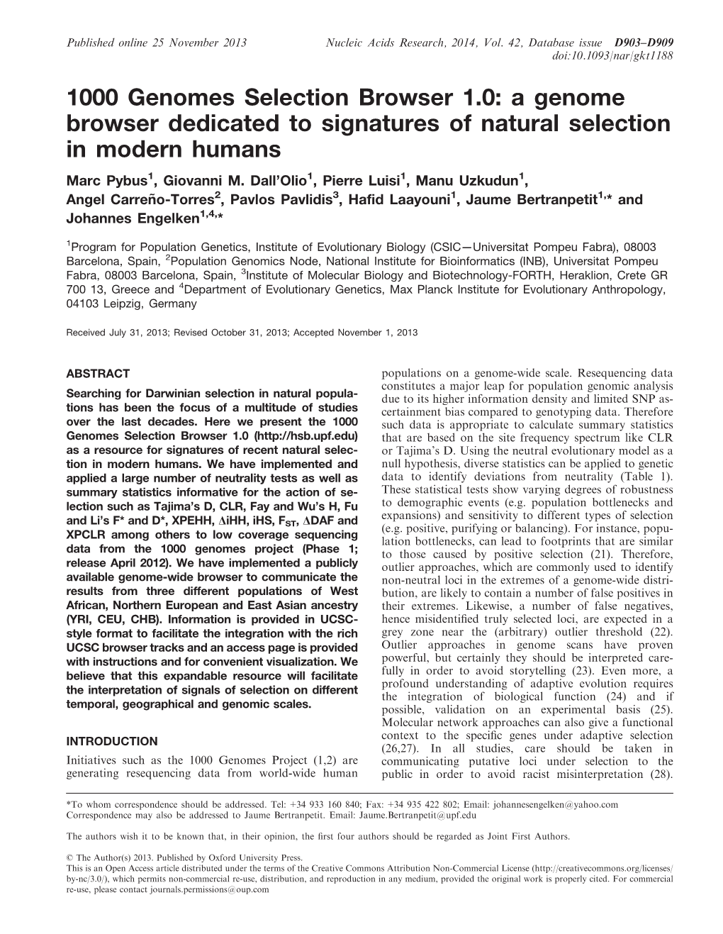 A Genome Browser Dedicated to Signatures of Natural Selection in Modern Humans Marc Pybus1, Giovanni M