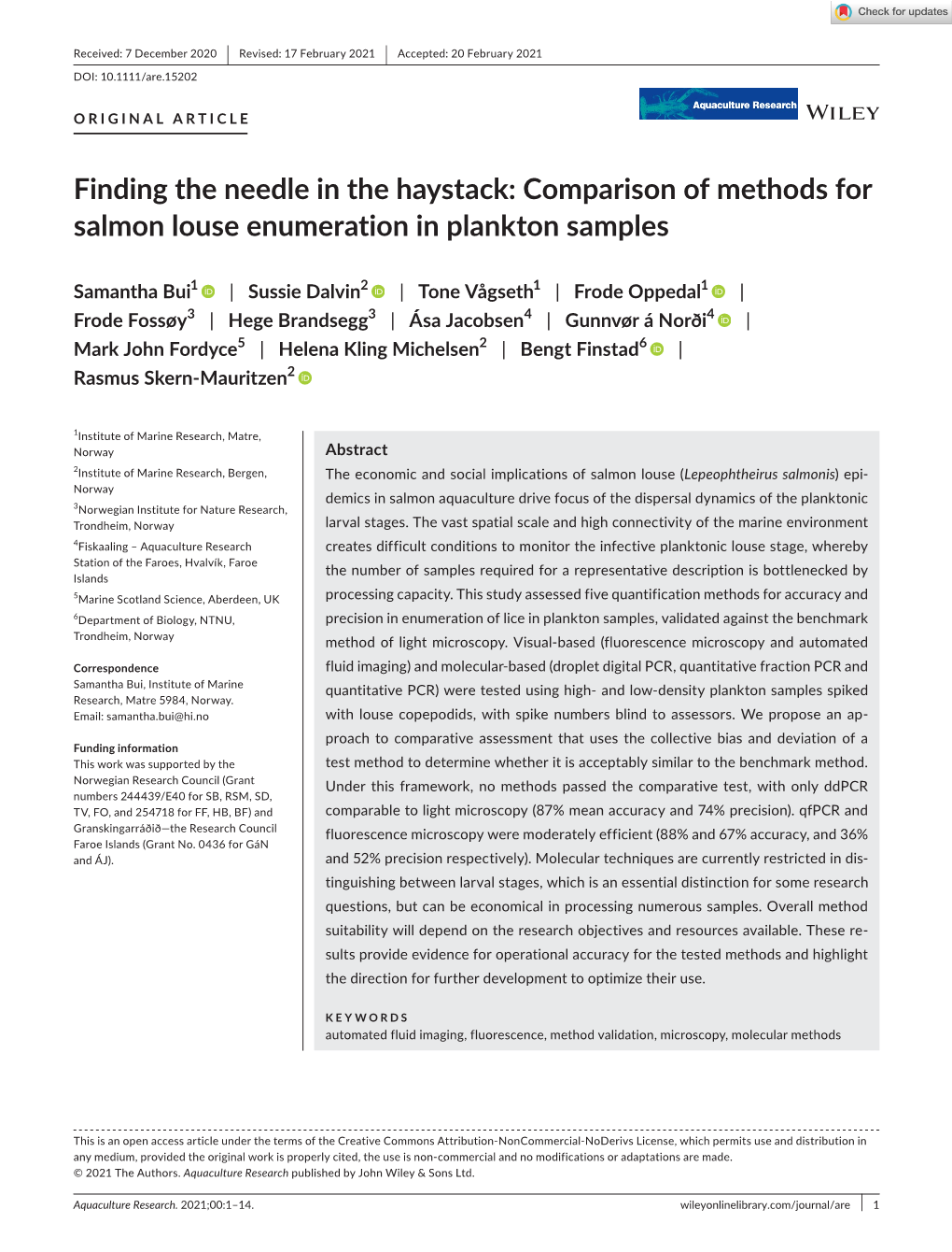 Comparison of Methods for Salmon Louse Enumeration in Plankton Samples