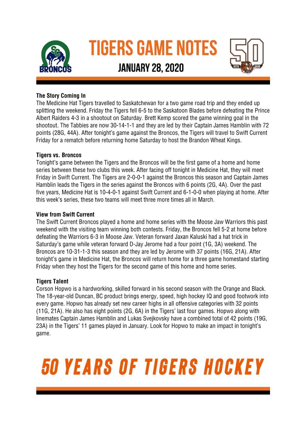 The Story Coming in the Medicine Hat Tigers Travelled to Saskatchewan for a Two Game Road Trip and They Ended up Splitting the Weekend