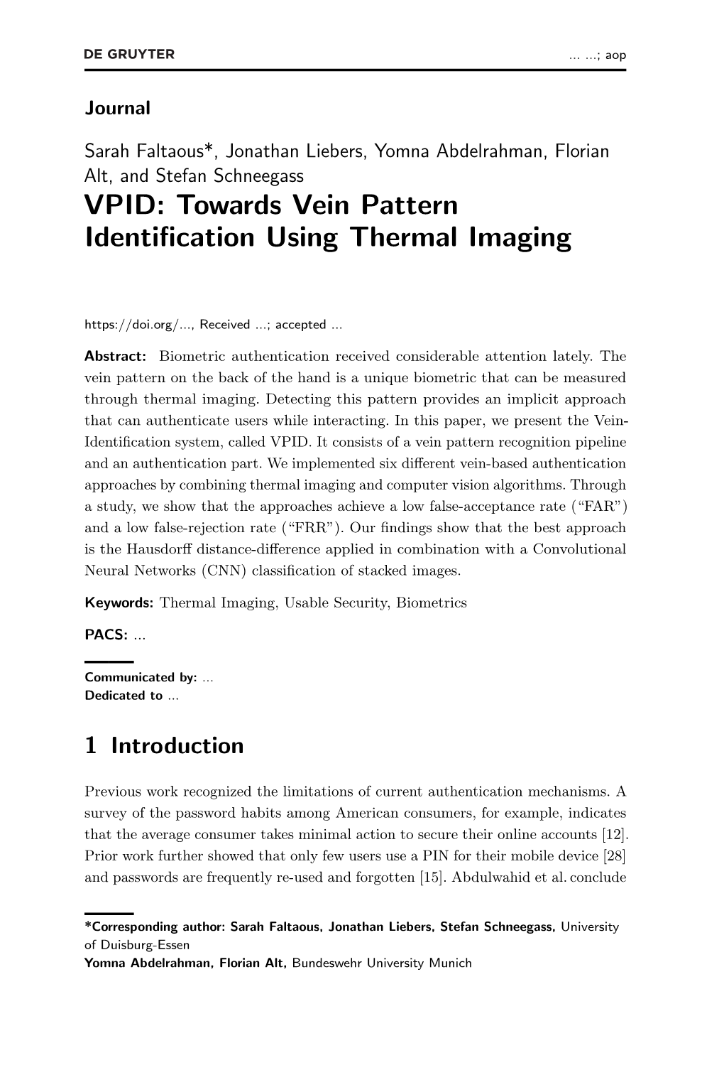 VPID: Towards Vein Pattern Identification Using Thermal Imaging