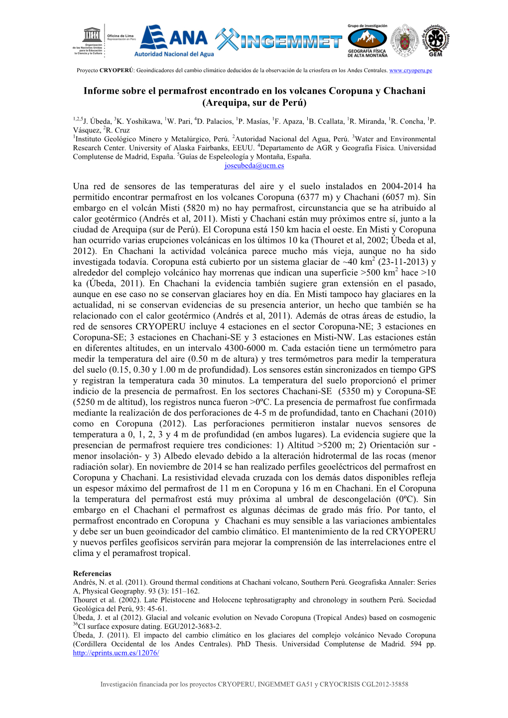 Informe Sobre El Permafrost Encontrado En Los Volcanes Coropuna Y Chachani (Arequipa, Sur De Perú)