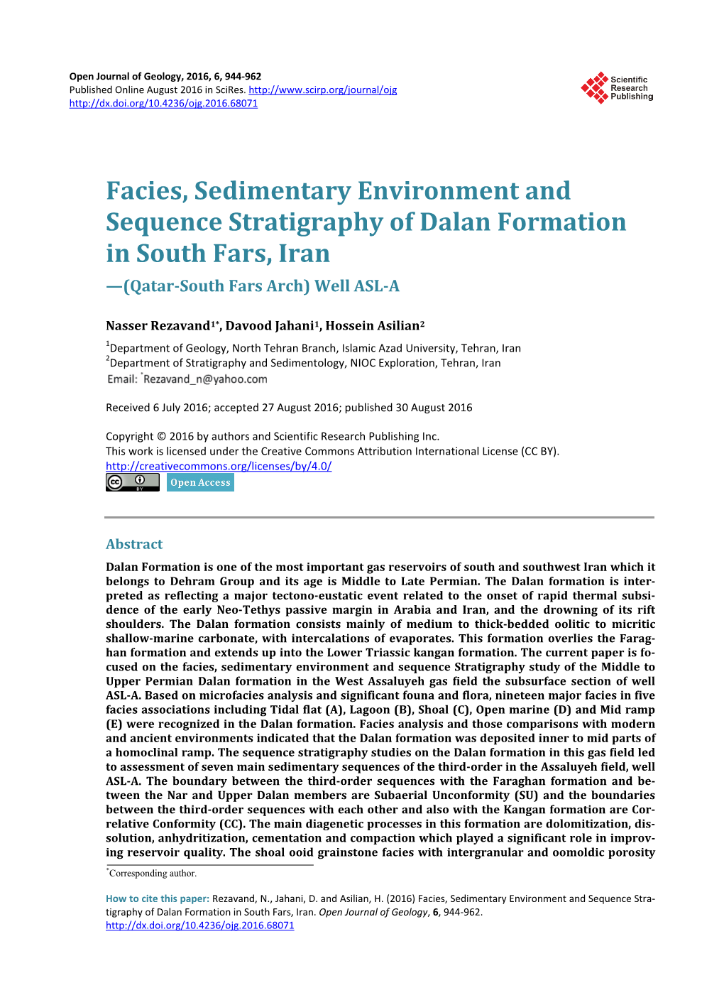 Facies, Sedimentary Environment and Sequence Stratigraphy of Dalan Formation in South Fars, Iran —(Qatar-South Fars Arch) Well ASL-A