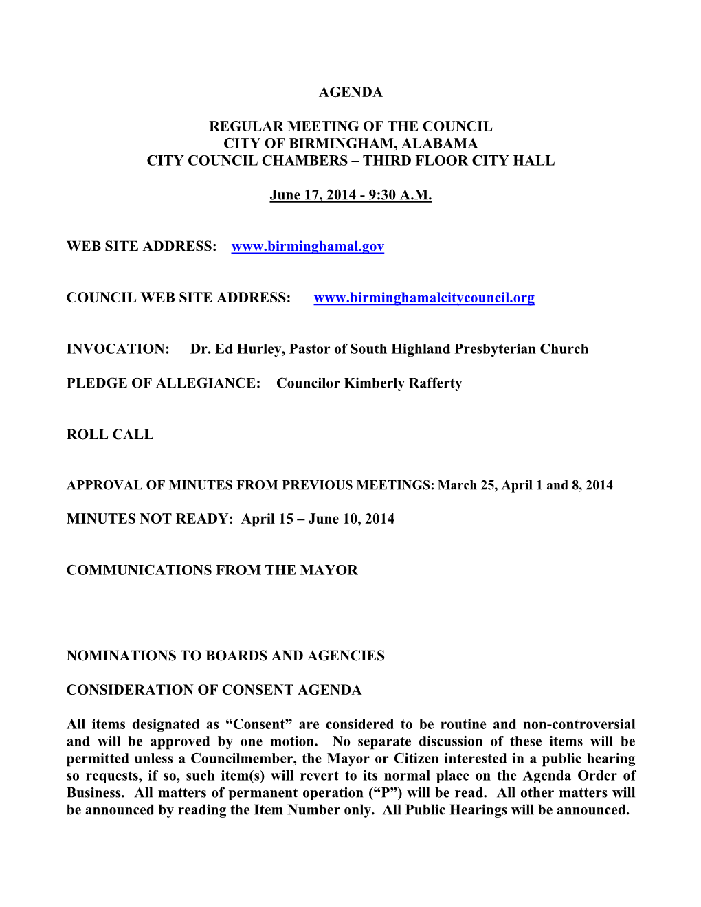 Agenda Regular Meeting of the Council City Of