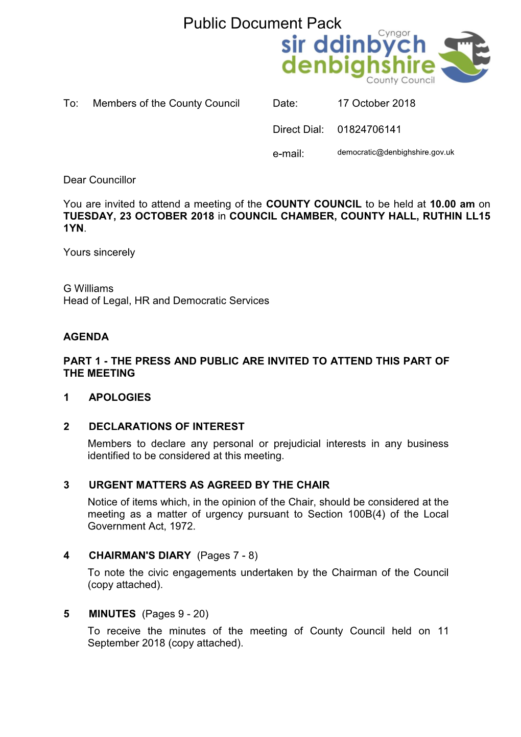 (Public Pack)Agenda Document for County Council, 23/10/2018 10:00
