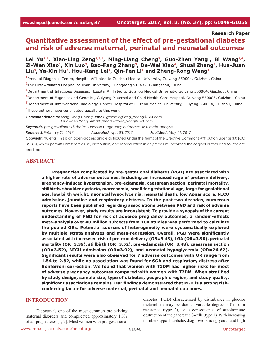 Quantitative Assessment of the Effect of Pre-Gestational Diabetes and Risk of Adverse Maternal, Perinatal and Neonatal Outcomes