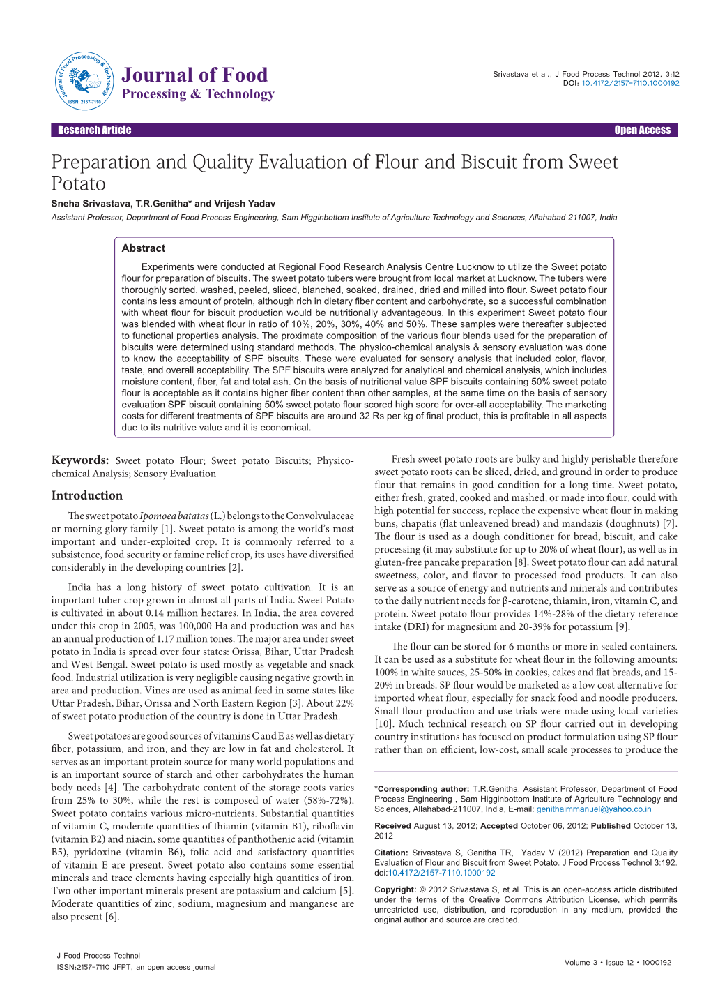 Preparation and Quality Evaluation of Flour and Biscuit from Sweet Potato