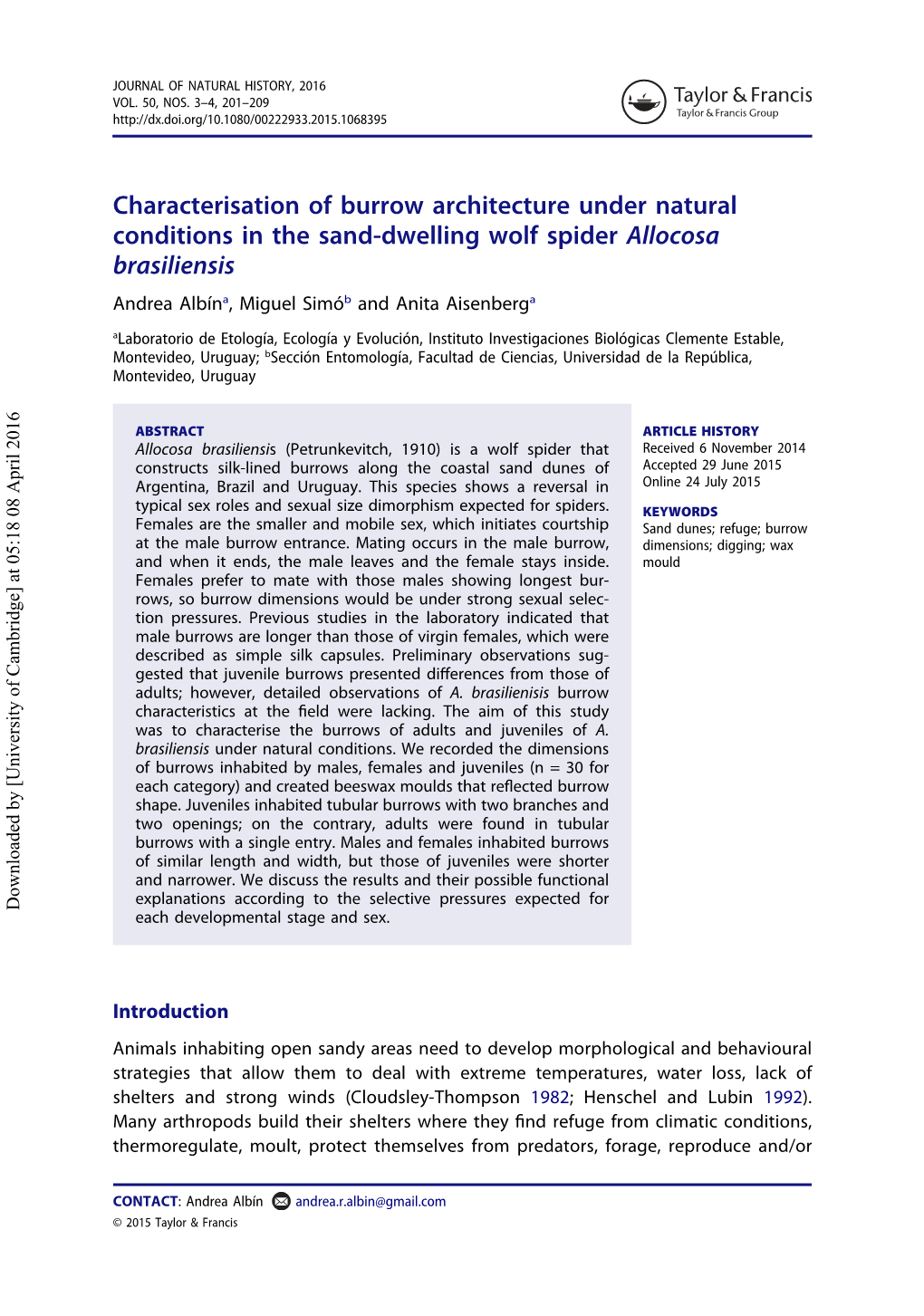 Characterisation of Burrow Architecture Under Natural Conditions in the Sand-Dwelling Wolf Spider Allocosa Brasiliensis
