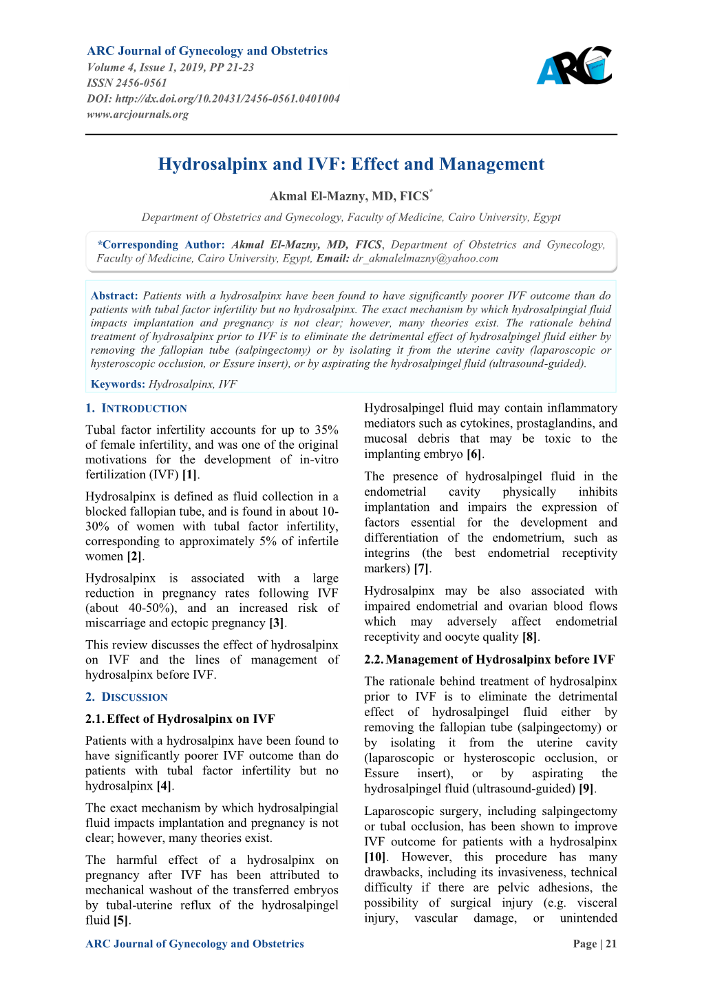 Hydrosalpinx and IVF: Effect and Management