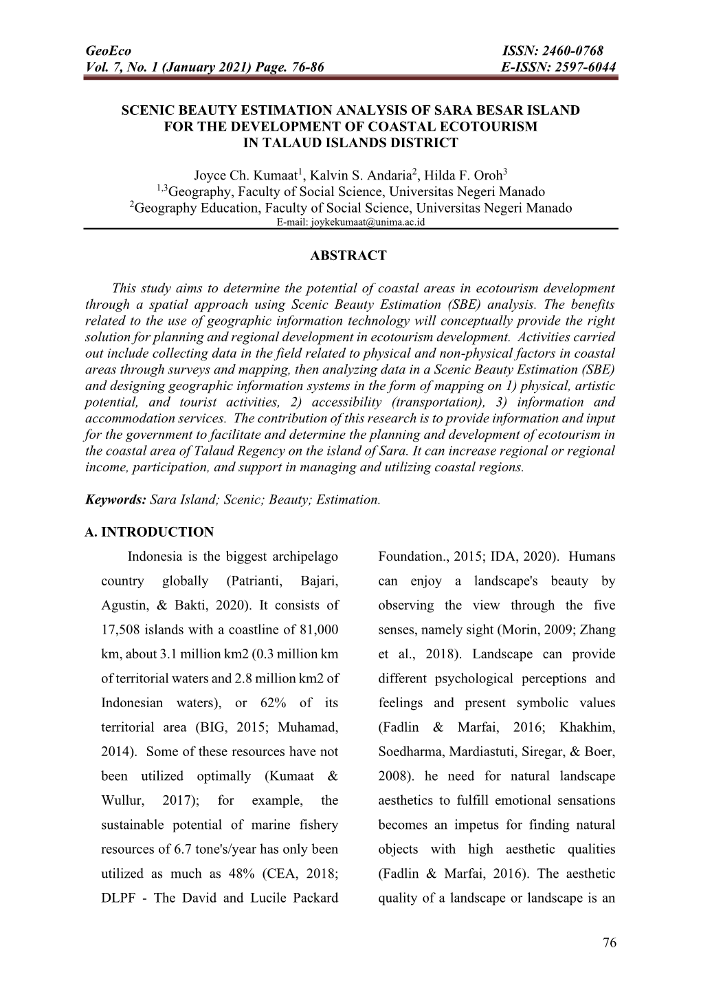 Geoeco ISSN: 2460-0768 Vol. 7, No. 1 (January 2021) Page. 76-86 E-ISSN: 2597-6044