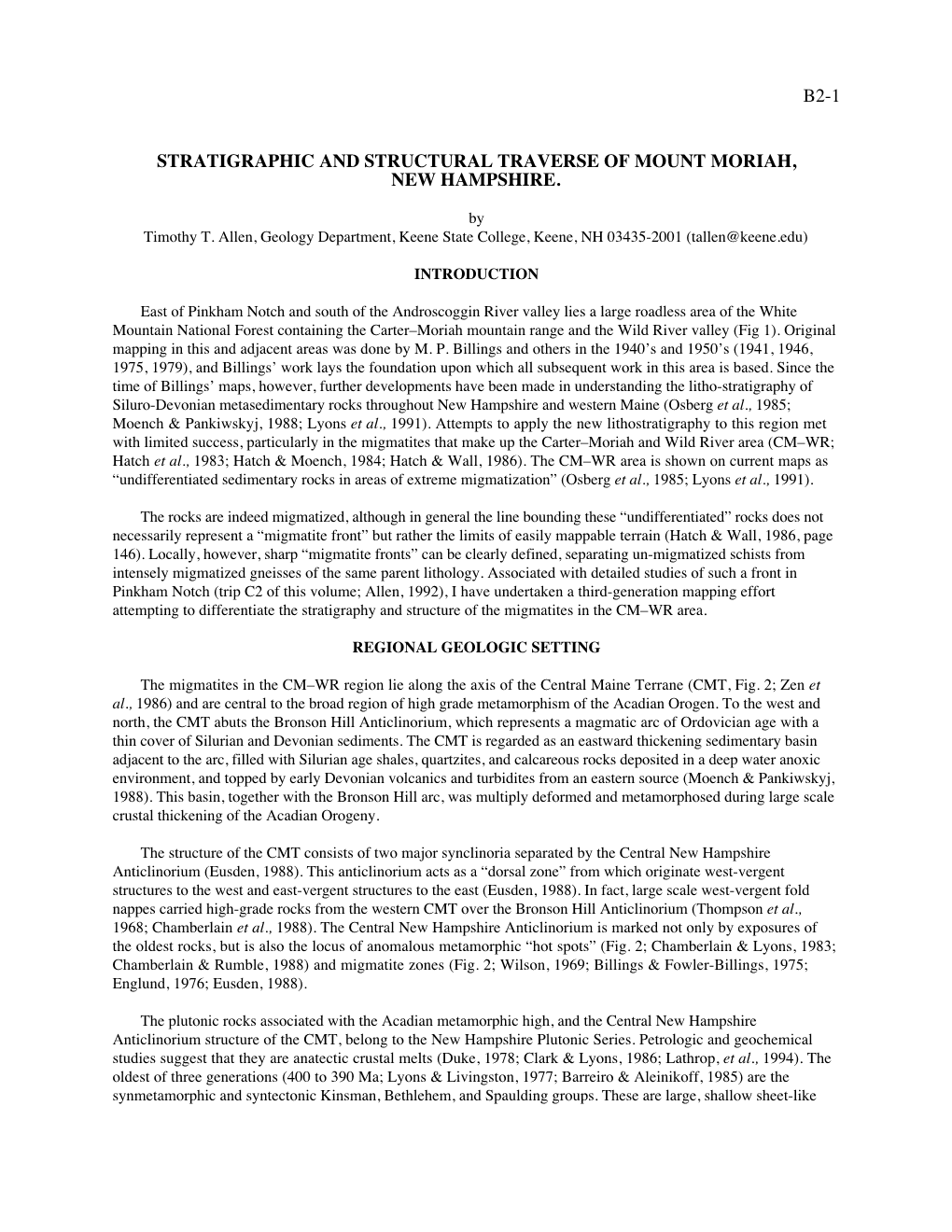 Stratigraphic and Structural Traverse of Mount Moriah, New Hampshire