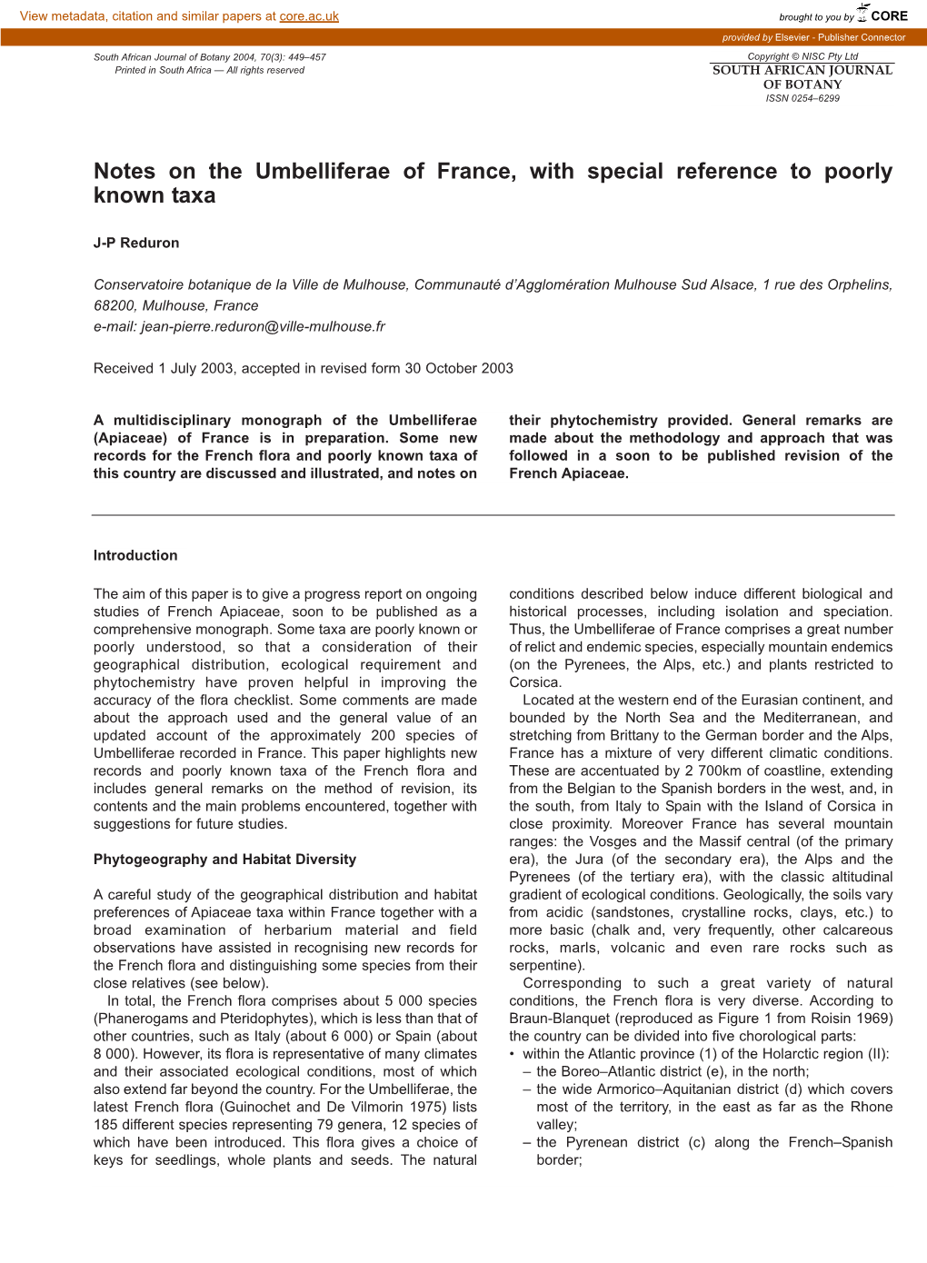 Notes on the Umbelliferae of France, with Special Reference to Poorly Known Taxa