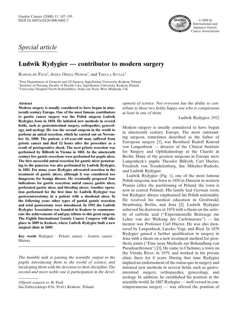Special Article Ludwik Rydygier — Contributor to Modern Surgery