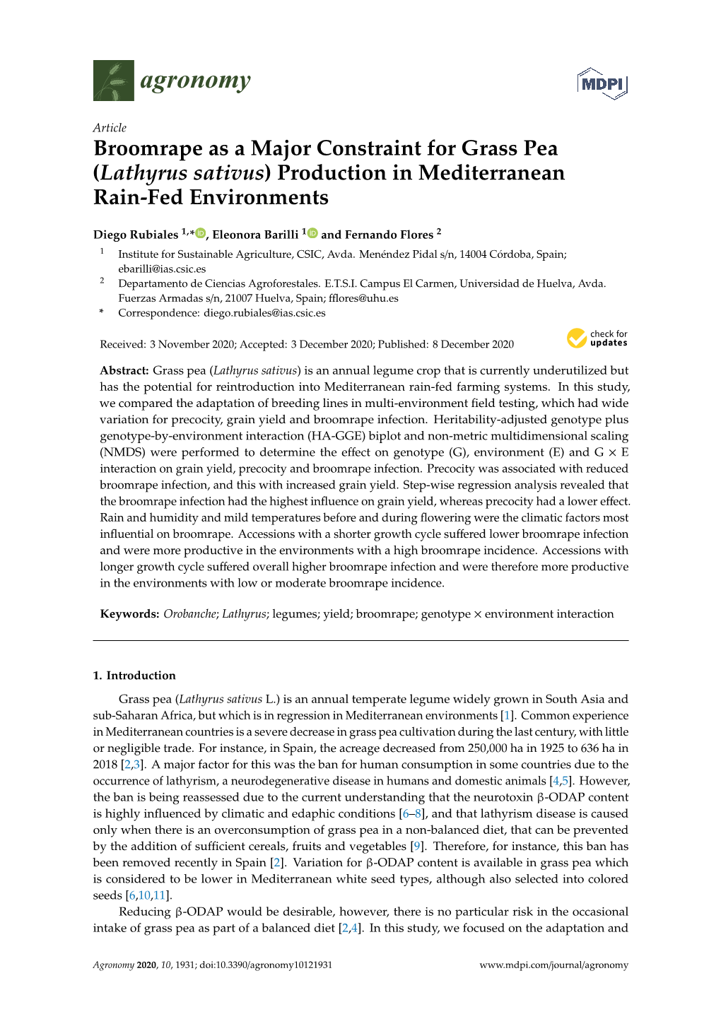 Broomrape As a Major Constraint for Grass Pea (Lathyrus Sativus) Production in Mediterranean Rain-Fed Environments