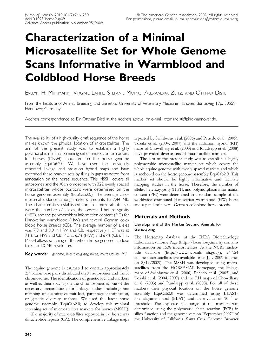 Characterization of a Minimal Microsatellite Set for Whole Genome Scans Informative in Warmblood and Coldblood Horse Breeds