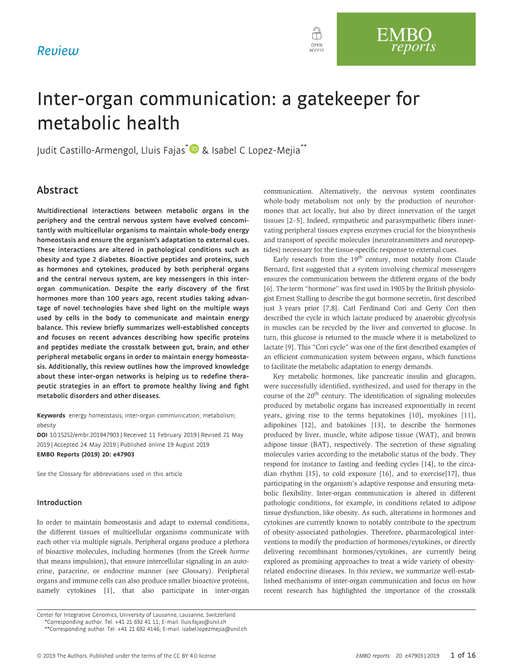 Organ Communication: a Gatekeeper for Metabolic Health
