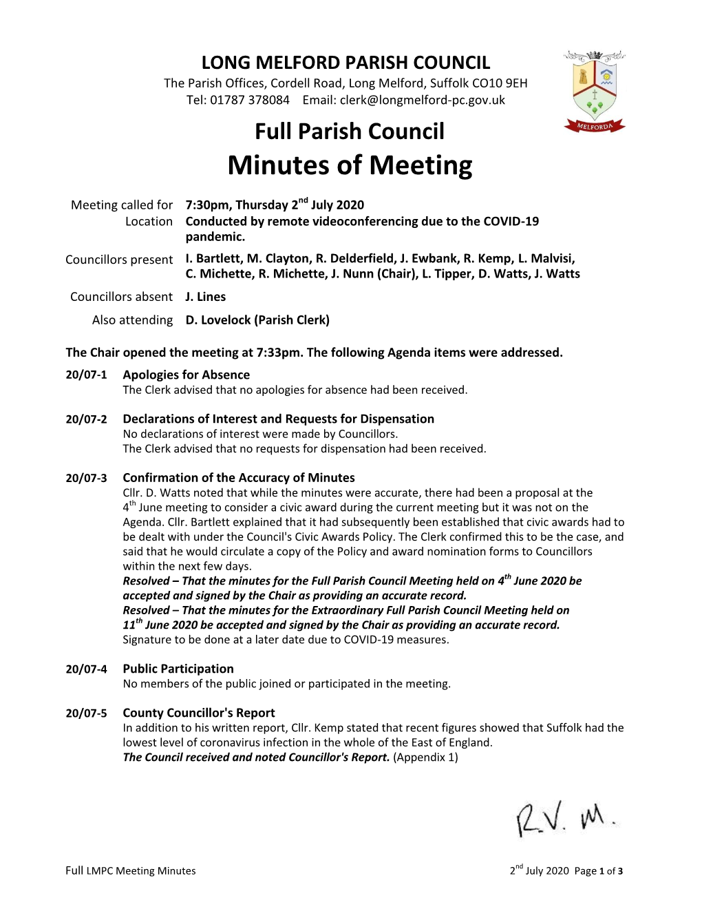 Full Parish Council Meeting 02/07/2020 – Approved Minutes