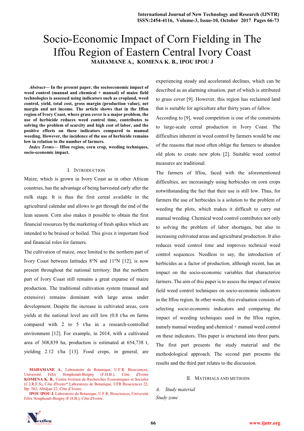 Socio-Economic Impact of Corn Fielding in the Iffou Region of Eastern Central Ivory Coast MAHAMANE A., KOMENA K