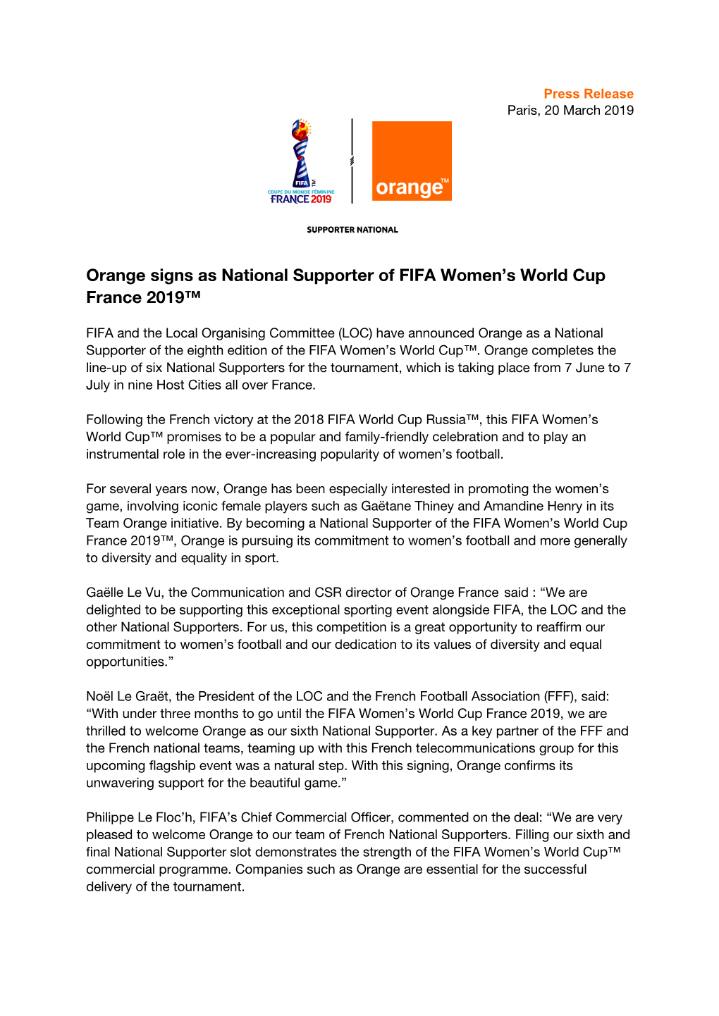 Orange Signs As National Supporter of FIFA Women's World Cup France 2019™