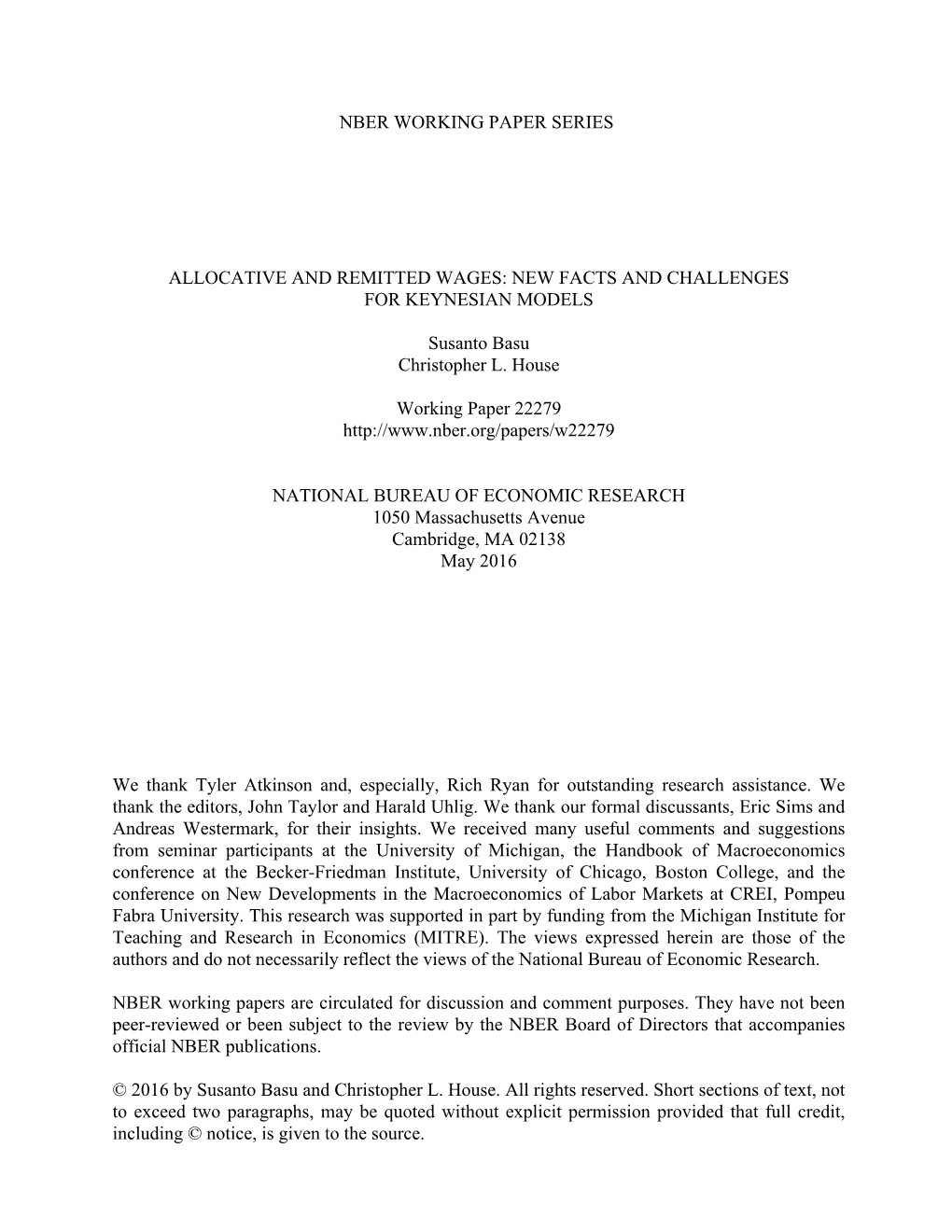 Nber Working Paper Series Allocative and Remitted