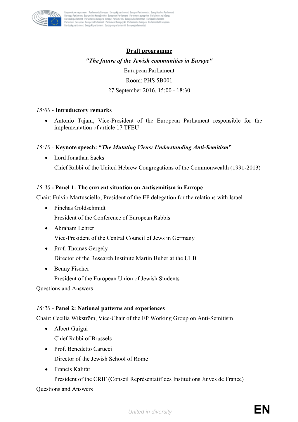 Draft Programme "The Future of the Jewish Communities in Europe" European Parliament Room: PHS 5B001 27 September 2016, 15:00 - 18:30