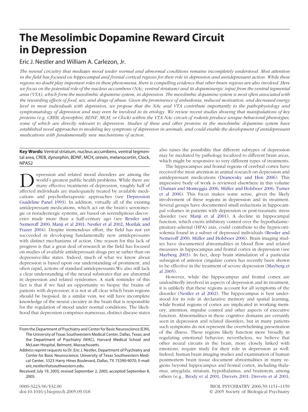 The Mesolimbic Dopamine Reward Circuit in Depression Eric J