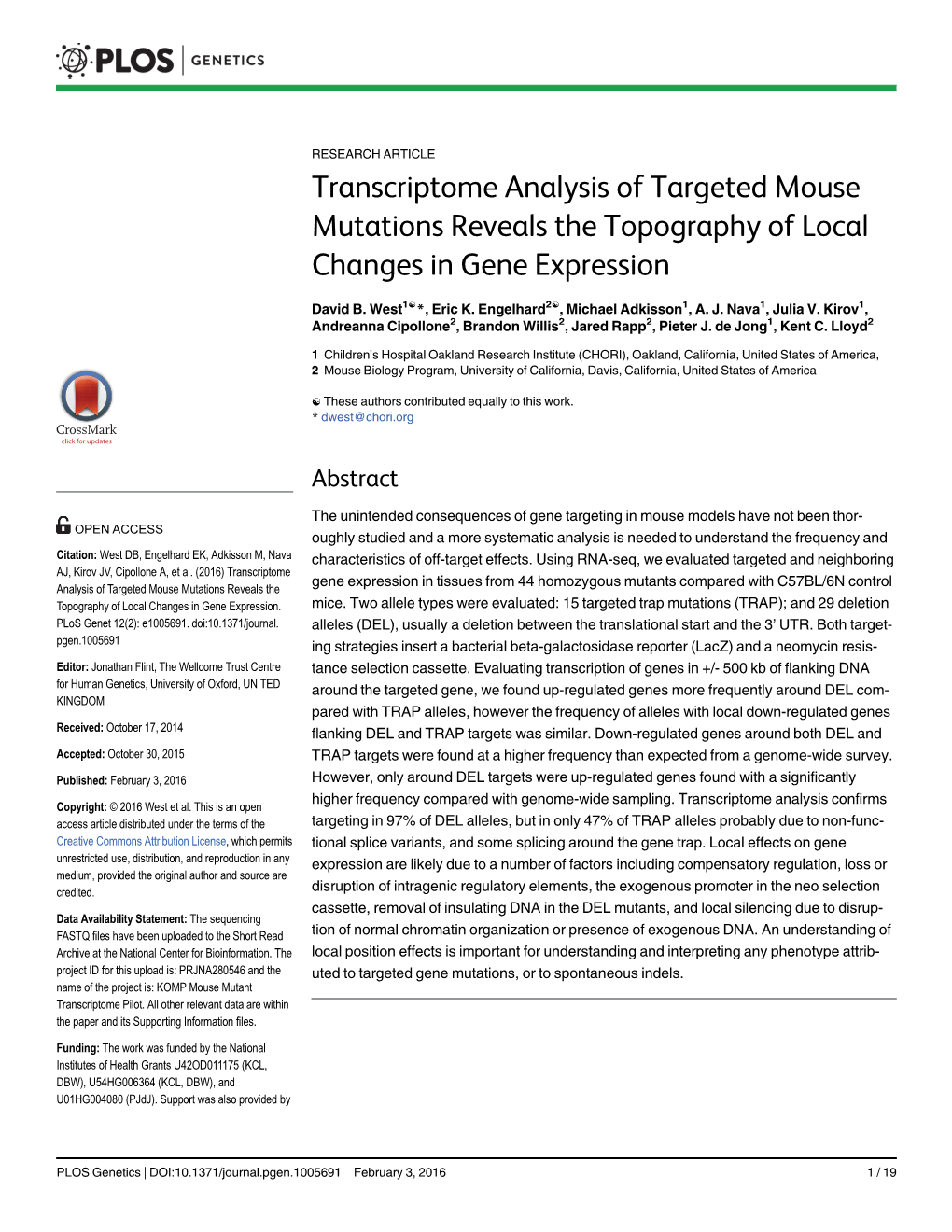 Transcriptome Analysis of Targeted Mouse Mutations Reveals the Topography of Local Changes in Gene Expression