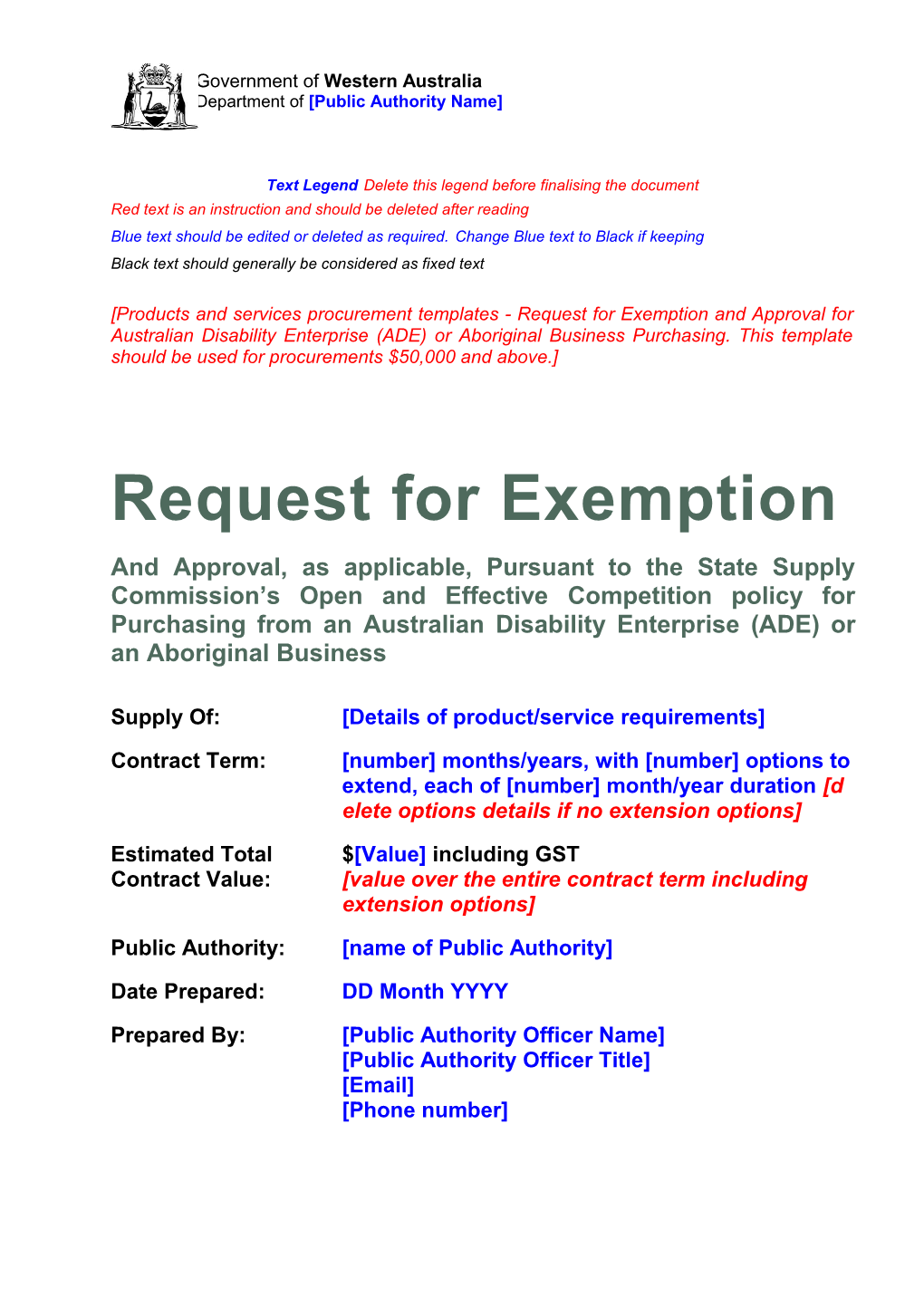 Request for Exemption - ADE and Aboriginal Business Purchasing