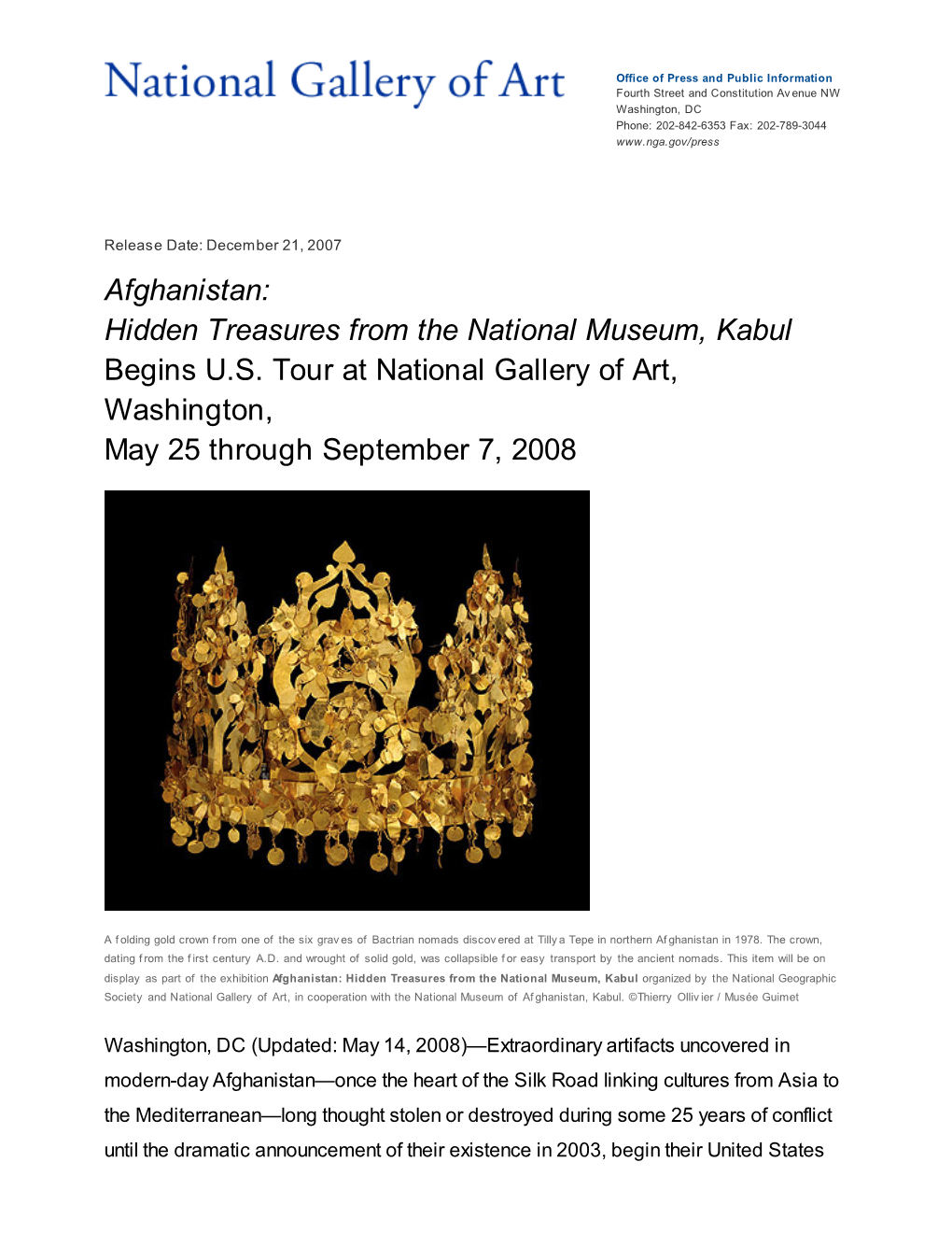 Afghanistan: Hidden Treasures from the National Museum, Kabul Begins U.S