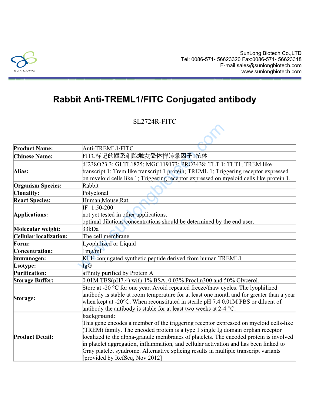 Rabbit Anti-TREML1/FITC Conjugated Antibody-SL2724R-FITC