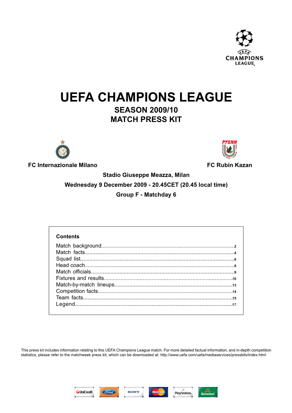 Uefa Champions League Season 2009/10 Match Press Kit