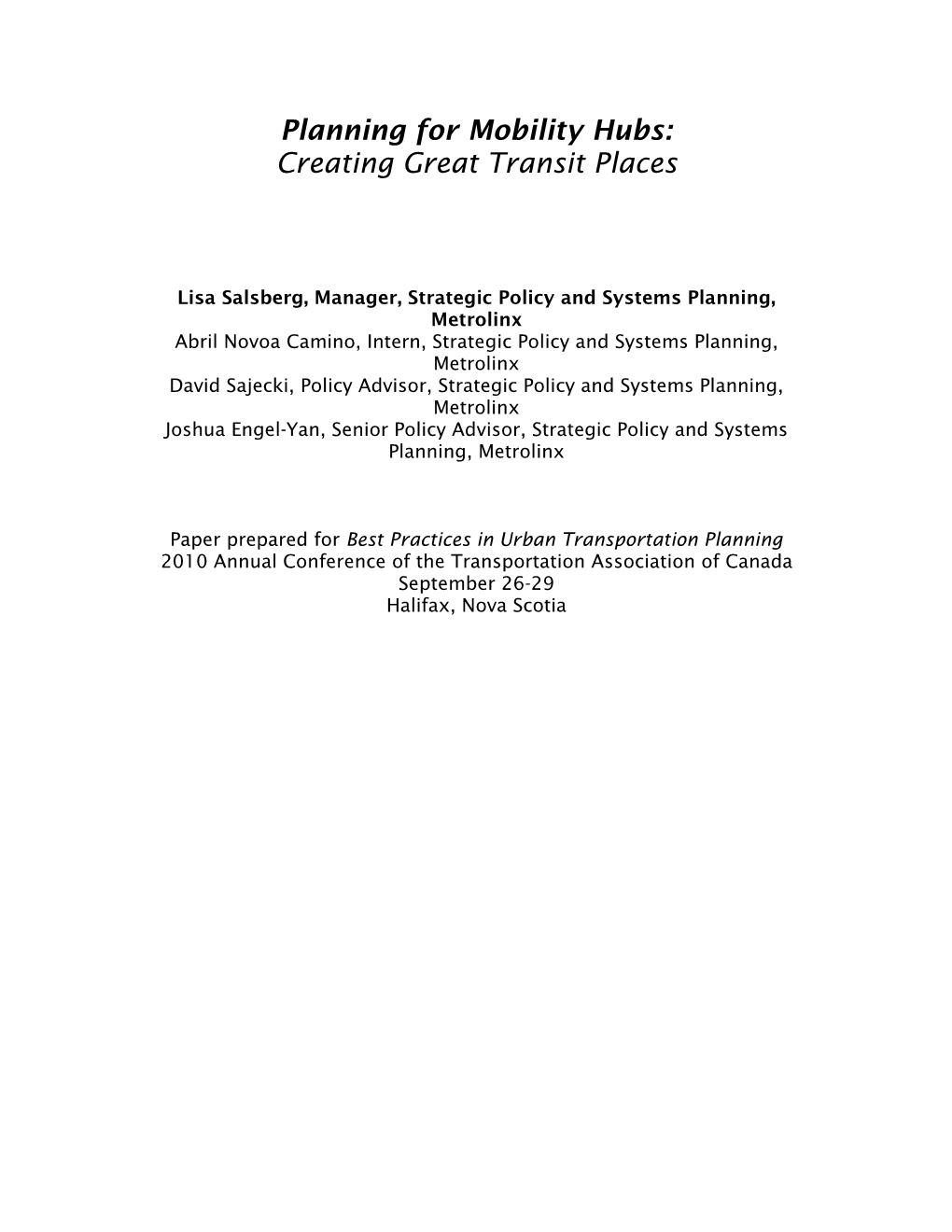 Planning for Mobility Hubs: Creating Great Transit Places