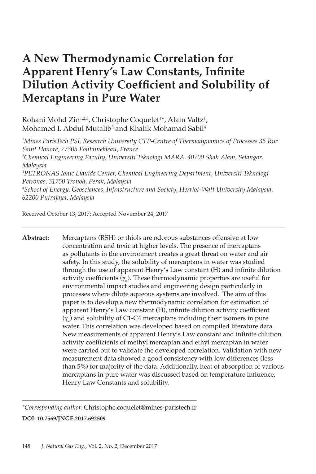 A New Thermodynamic Correlation for Apparent Henry's Law Constants, Infinite Dilution Activity Coefficient and Solubility of M