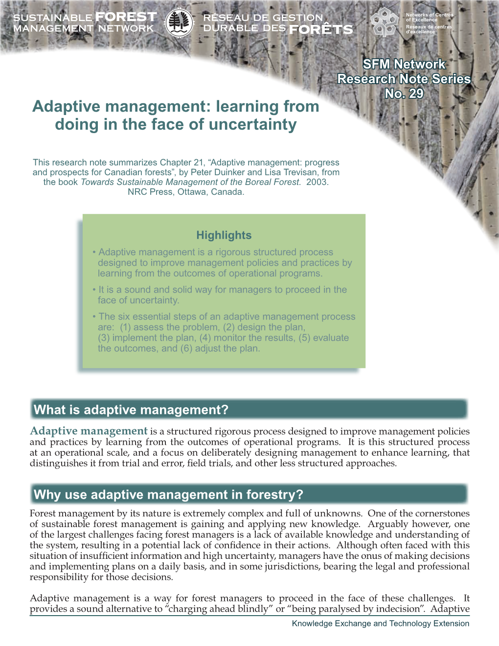 Adaptive Management: Learning from Doing in the Face of Uncertainty