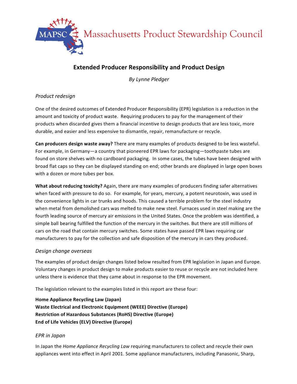 Extended Producer Responsibility and Product Design by Lynne Pledger