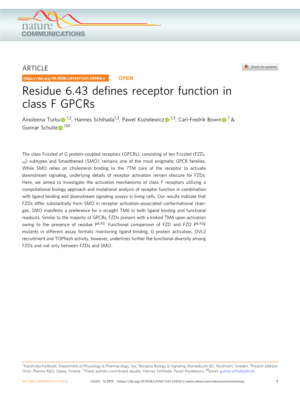 Residue 6.43 Defines Receptor Function in Class F Gpcrs