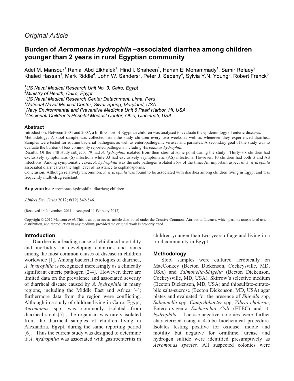 Burden of Aeromonas Hydrophila –Associated Diarrhea Among Children Younger Than 2 Years in Rural Egyptian Community